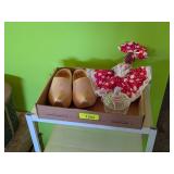 WOODEN SHOES, GLASS DISH, & DECOR