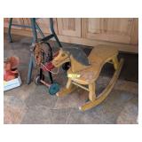 VINTAGE WOOD ROCKING HORSE & PULL-BEHIND TOY