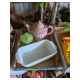 BAKING DISH, FROSTED GLASS CANDY DISH & TEAPOT