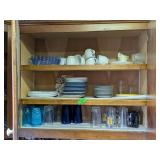 CABINET FULL OF DRINKING GLASSES, PLATES & MORE