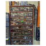 WOOD SHELF FULL OF JARS OF HARDWARE