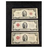 3 - $2 RED SEAL BILLS - 2x 1928-G, 1x 1953