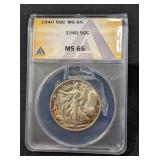 1940 WALKING LIBERTY HALF - GRADED - MS65
