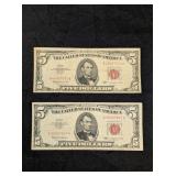 2 - $5 RED SEAL BILLS, 1963