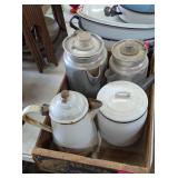 WOODEN PEACH CRATE WITH ENAMELWARE