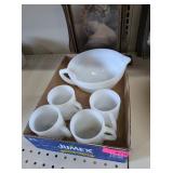 FIRE KING MIXING BOWL WITH HANDLE & 4 MUGS