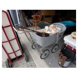 VINTAGE WICKER BABY BUGGY WITH DOLLS
