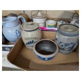 2 DECORATIVE STONEWARE CROCKS & STONEWARE BOWL