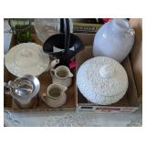 MILK GLASS DISH WITH LID, TIFFIN BLACK BASKET
