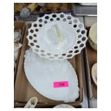 MILK GLASS TRAY, DECORATIVE BOWL & VASE