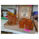 CARNIVAL GLASS PITCHER & 4 CUPS SET