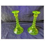 VINTAGE URANIUM GLASS TIFFIN CANDLESTICK HOLDERS
