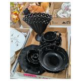 TIFFIN BLACK ART GLASS VASE & PLATE SET