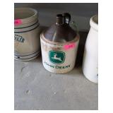 2 GALLON BROWN & WHITE STONEWARE JUG - JOHN DEERE