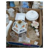 MILK GLASS CANDY DISHES, CRYSTAL CANDLE HOLDERS