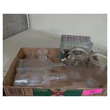 2 COTTAGE CHEESE JARS & DECORATIVE GLASS BOTTLES