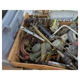 WOOD BOX FULL OF TOOLS - SAW, TOOL HOLDERS & MORE