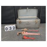 Craftsman Tool Box & 3 Pipe Wrenches