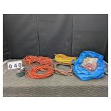 Group of Assorted Extension Cords w/ Bag & Rope