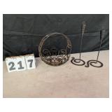 Vintage Metal Basket & Pair of Iron Candle Sticks