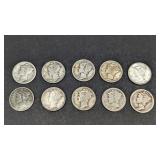 10 Mercury Dimes with mint marks