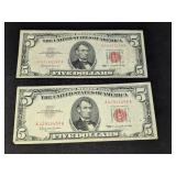 2- 1963- 5 Dollar Red Seal Notes