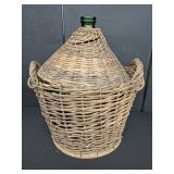 Vintage Green Glass Demikohn w/Woven Basket