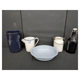 Group of Assorted Enamelware & Bottle