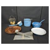 Assorted Enamelware, Egg Scale & Basket