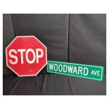 Metal Stop Sign and Woodward Ave Street Sign