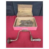 Wooden Box with Hand Drill and Auger Bits