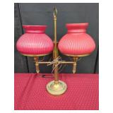 Two-Light Brass Table Lamp with Red Shades