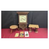 STRIKING CLOCK AND WOODEN PRIMITIVE STOOLS