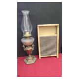 ORNATE OIL LAMP AND WOODEN WASHBOARD