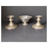 WEIGHTED STERLING SILVER CANDLESTICKS & BOWL