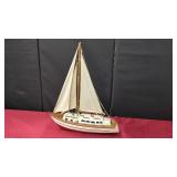 WOODEN SAILBOAT MODEL WITH WHITE SAILS