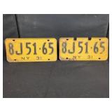 PAIR 1931 NEW YORK LICENSE PLATES 8J51-65