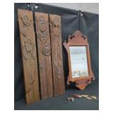 CARVED TRIPTYCH PANELS AND WOOD MIRROR