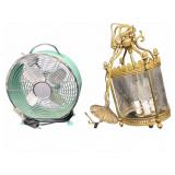 METAL FAN AND BRASS AND GLASS CHANDELIER