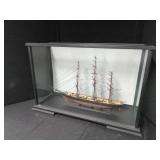 WOODEN SHIP MODEL IN GLASS DISPLAY CASE