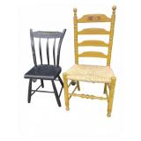 TWO WOODEN SIDE CHAIRS WITH DECORATION