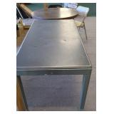 METAL DESK, ROUND TABLE, TWO FOLDING CHAIRS