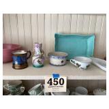 Shelf of miscellaneous, dishware, and decorative