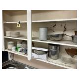 Shelf lots of dishes, pots pans
