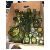 Vintage green glassware lot with pitcher