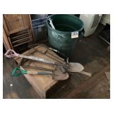 Lot of outdoor handtools wooden box, and garbage