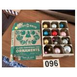 Box of vintage, shiny, bright Christmas ornament