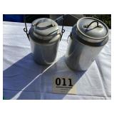 Two vintage hand, caring, metal milk, pails, or