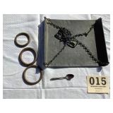 Early lot Hanging scale pan, 3 brass rings and