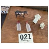Two early animal figurines a brass horse and two